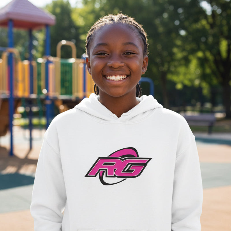 White girl's rugby hoodie with pink RG Impact logo, comfortable heavy blend fabric for rugby girls and fans. - Rugby Girl