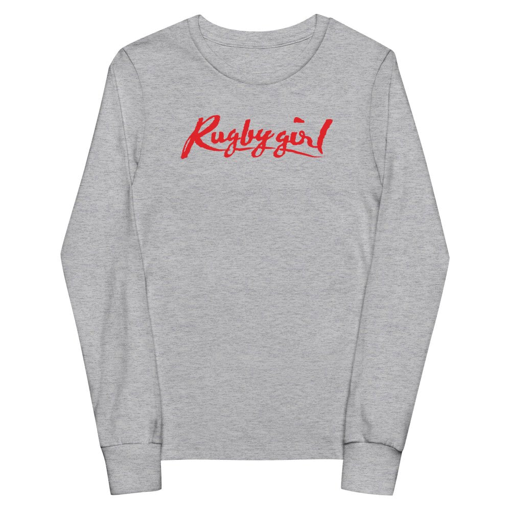 Dark grey long sleeve girl's rugby t-shirt with bold red "Rugby girl" script, casual rugby apparel. - Rugby Girl