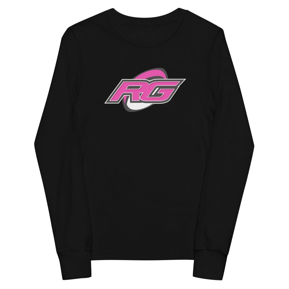 Black long sleeve girl's rugby t-shirt with bold pink RG logo, perfect rugby gift for rugby girls. - Rugby Girl