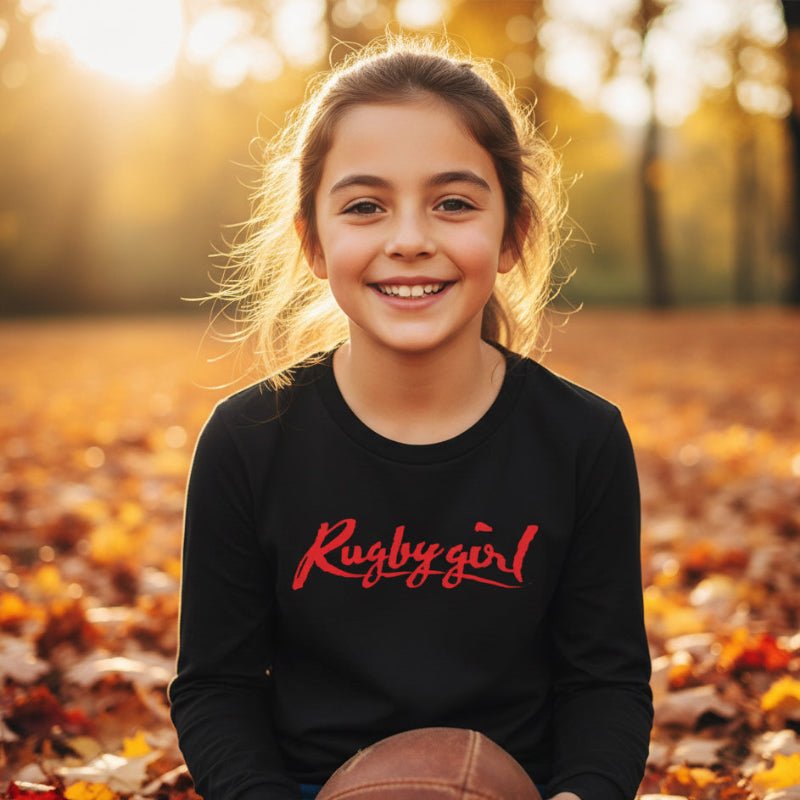 Black long sleeve tee for girls with bold red "Rugby girl" script, women's rugby apparel. - Rugby Girl