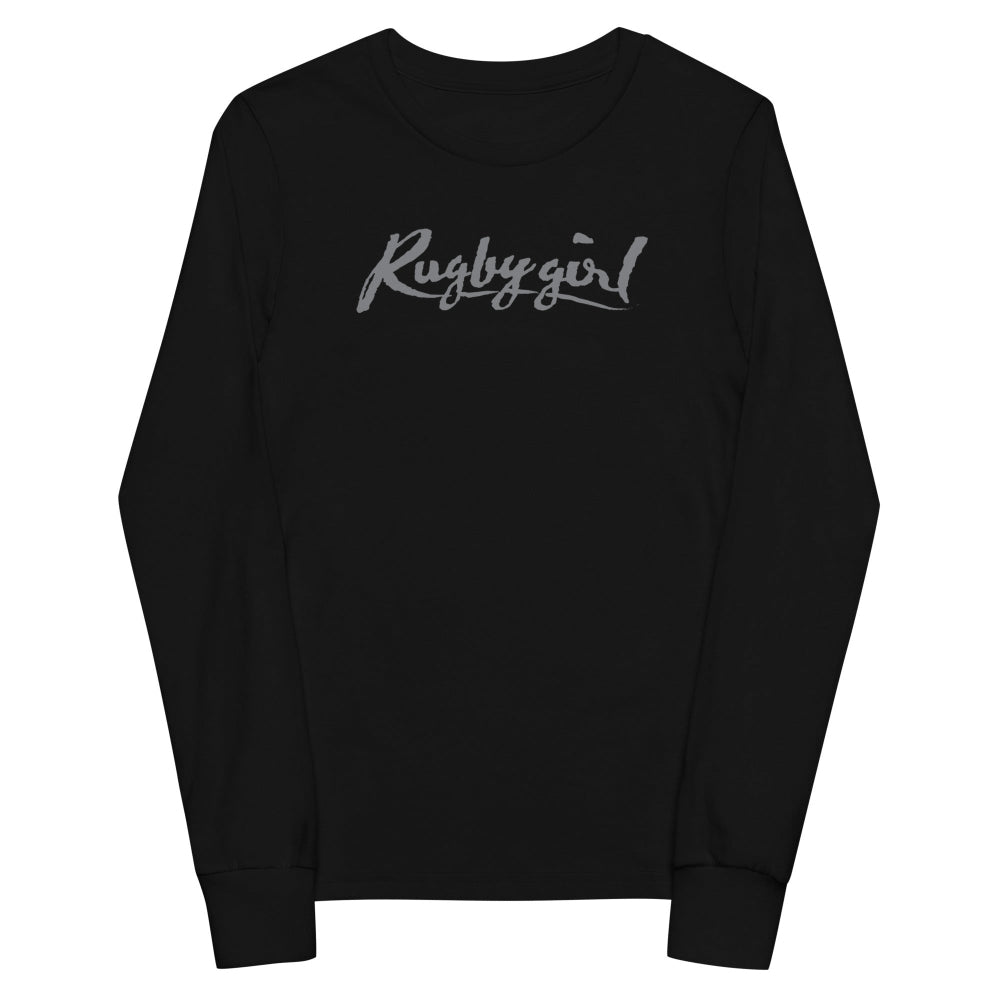 Black long sleeve kids tee with grey "Rugby Girl" script, women's rugby apparel style. - Rugby Girl