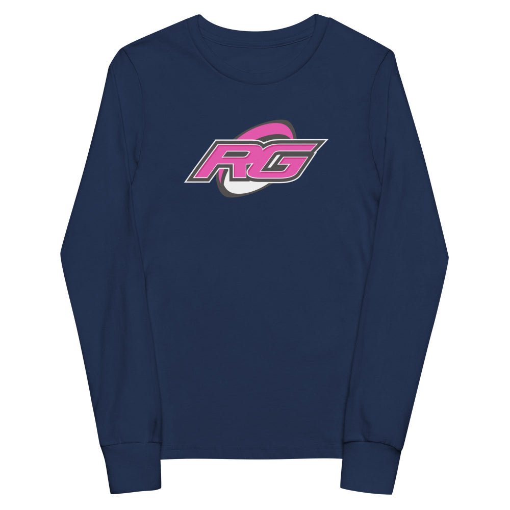 Navy long sleeve rugby t-shirt with bold pink and white RG logo, girl's rugby apparel for players and fans. - Rugby Girl