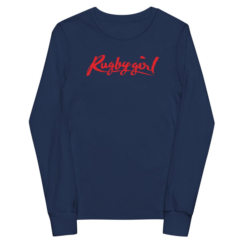 Navy girl's long sleeve rugby t-shirt with bold red "Rugby girl" script, casual rugby apparel for fans and players. - Rugby Girl
