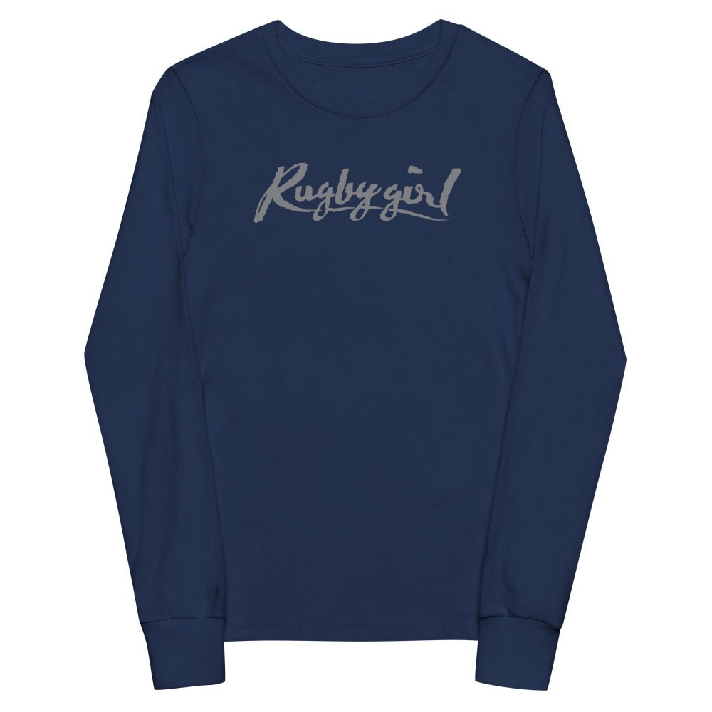 Navy long sleeve girl's rugby t-shirt with "Rugby girl" grey print, casual rugby apparel. - Rugby Girl