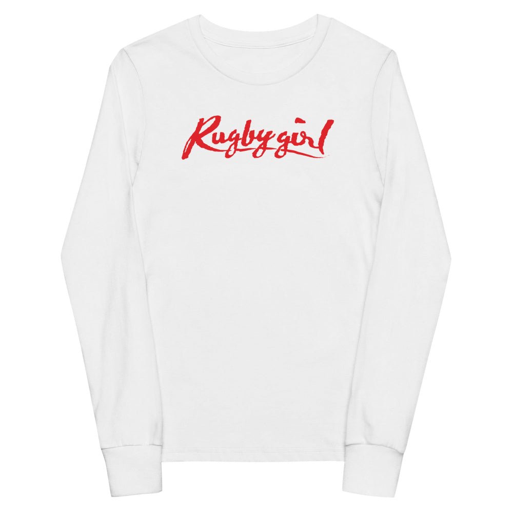 White long sleeve rugby t-shirt with bold red "Rugby girl" script, women's rugby apparel ideal for players and fans. - Rugby Girl